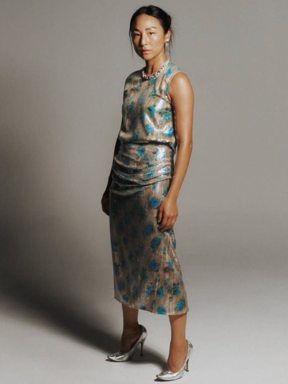 NWT Tory Burch Sequin Floral Skirt in Blue Roses - Picture 2 of 7